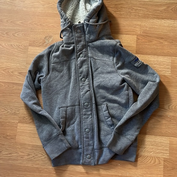 Hollister Gray/Blue Quilted Fleece Hood Jacket EUC Medium Button/Zip up - Picture 8 of 12